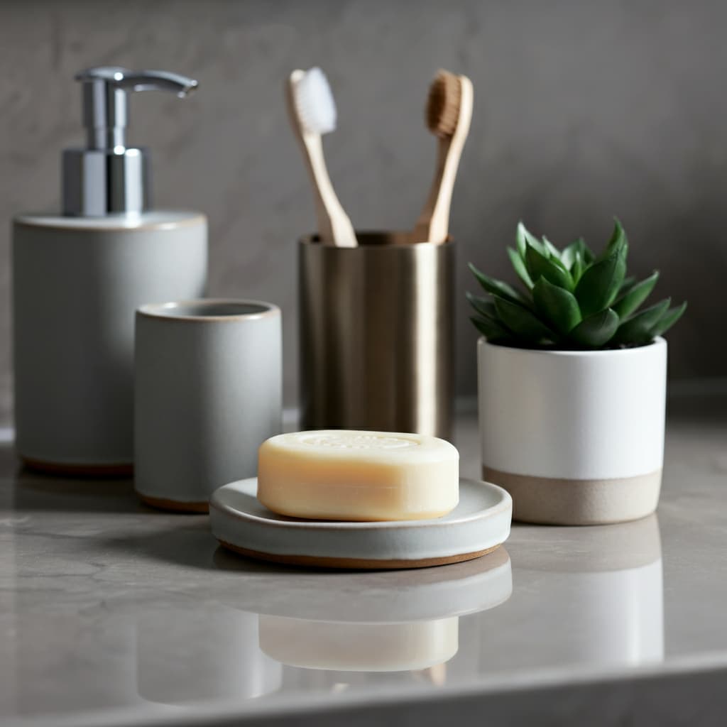 Şık banyo aksesuarları ile dekore edilmiş modern bir banyo görünümü
